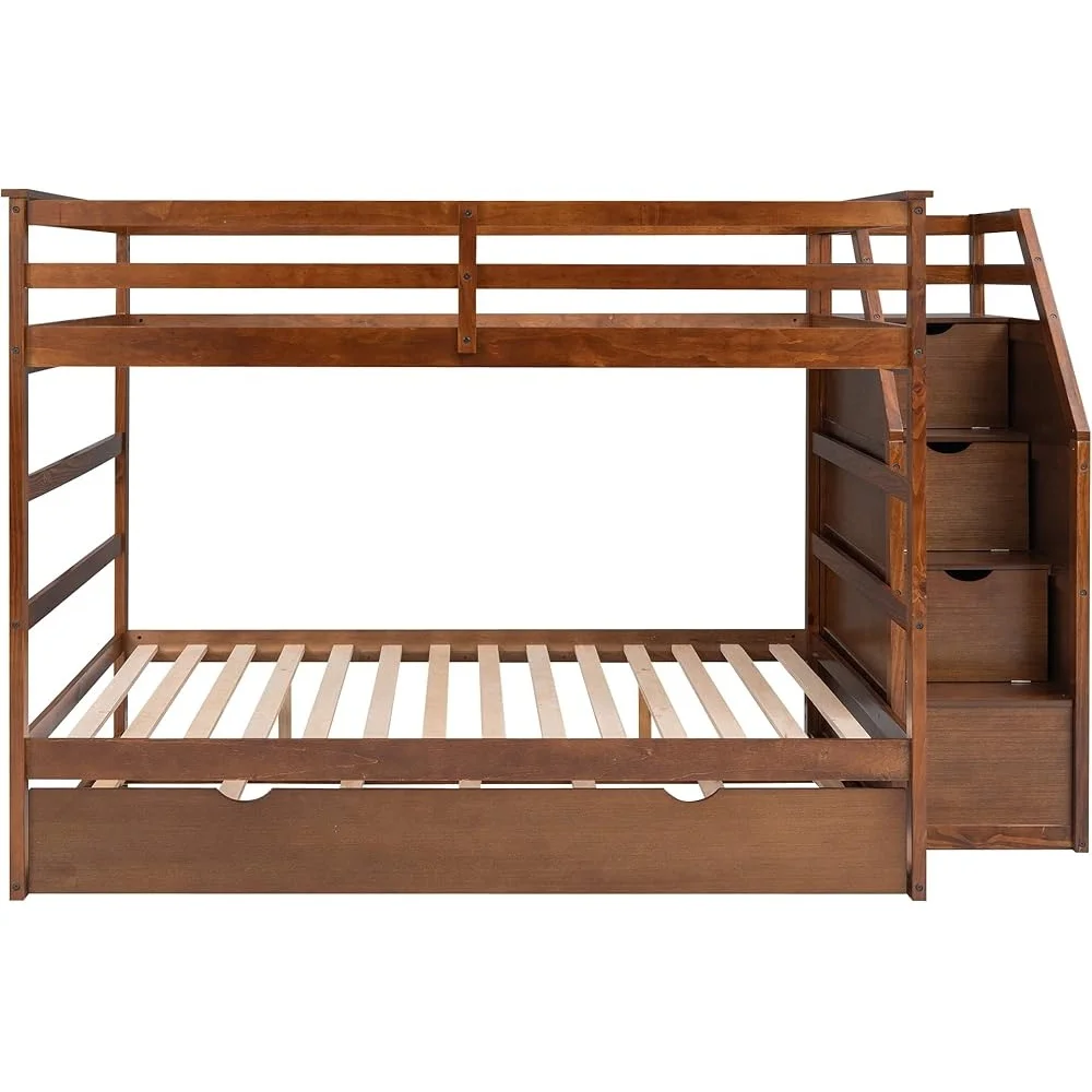 Twin Over Twin Bunk Bed with Trundle and Storage Stairs Solid Pine Wood Frame No Box Spring Needed Space Saving Design