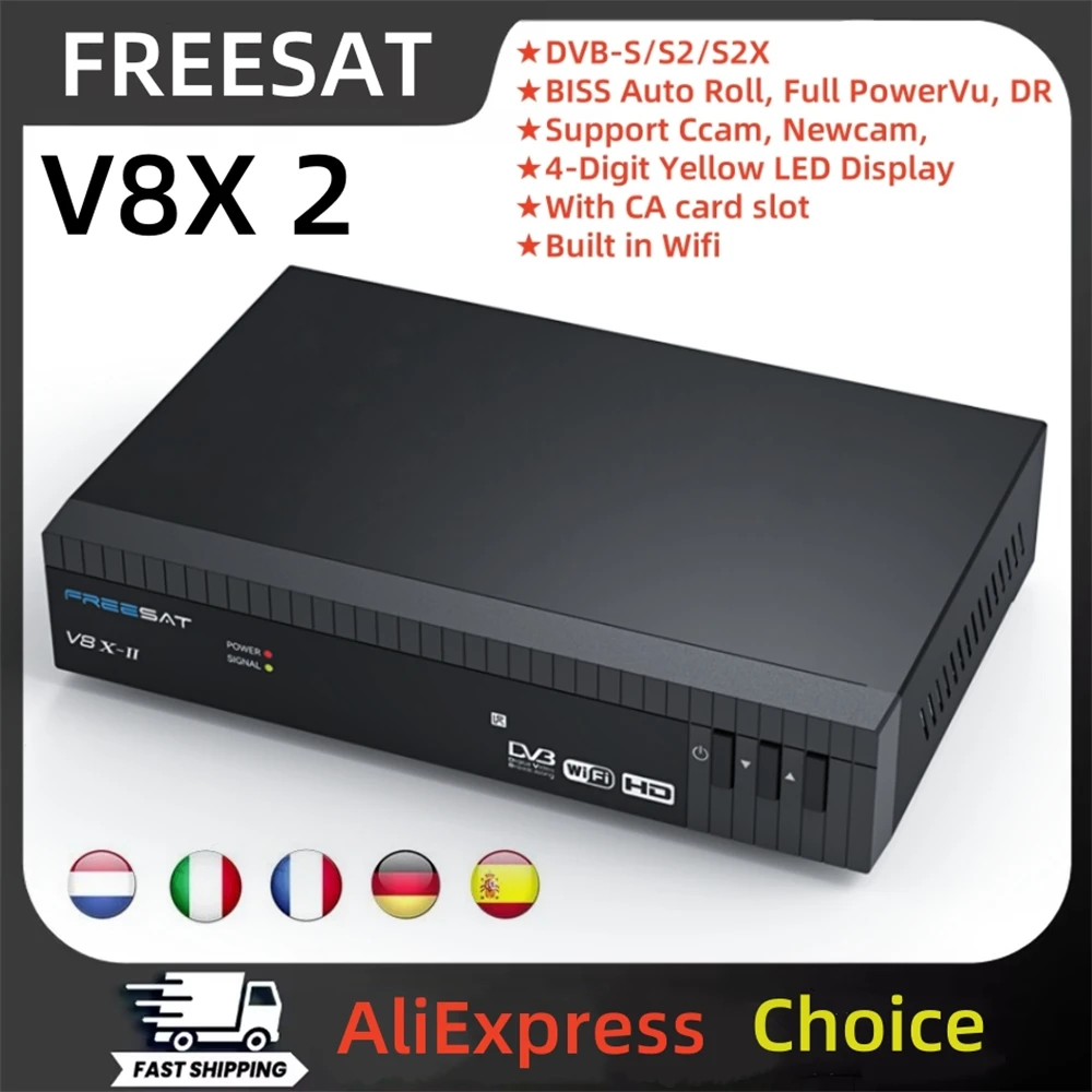 FREESAT V8X 2 versión FunCam receptor de TV satelital DVB-S2X/S2/S,H.264/H.265 HD WIFI incorporado, caja de TV MARS/CCAM con ranura para tarjeta CA