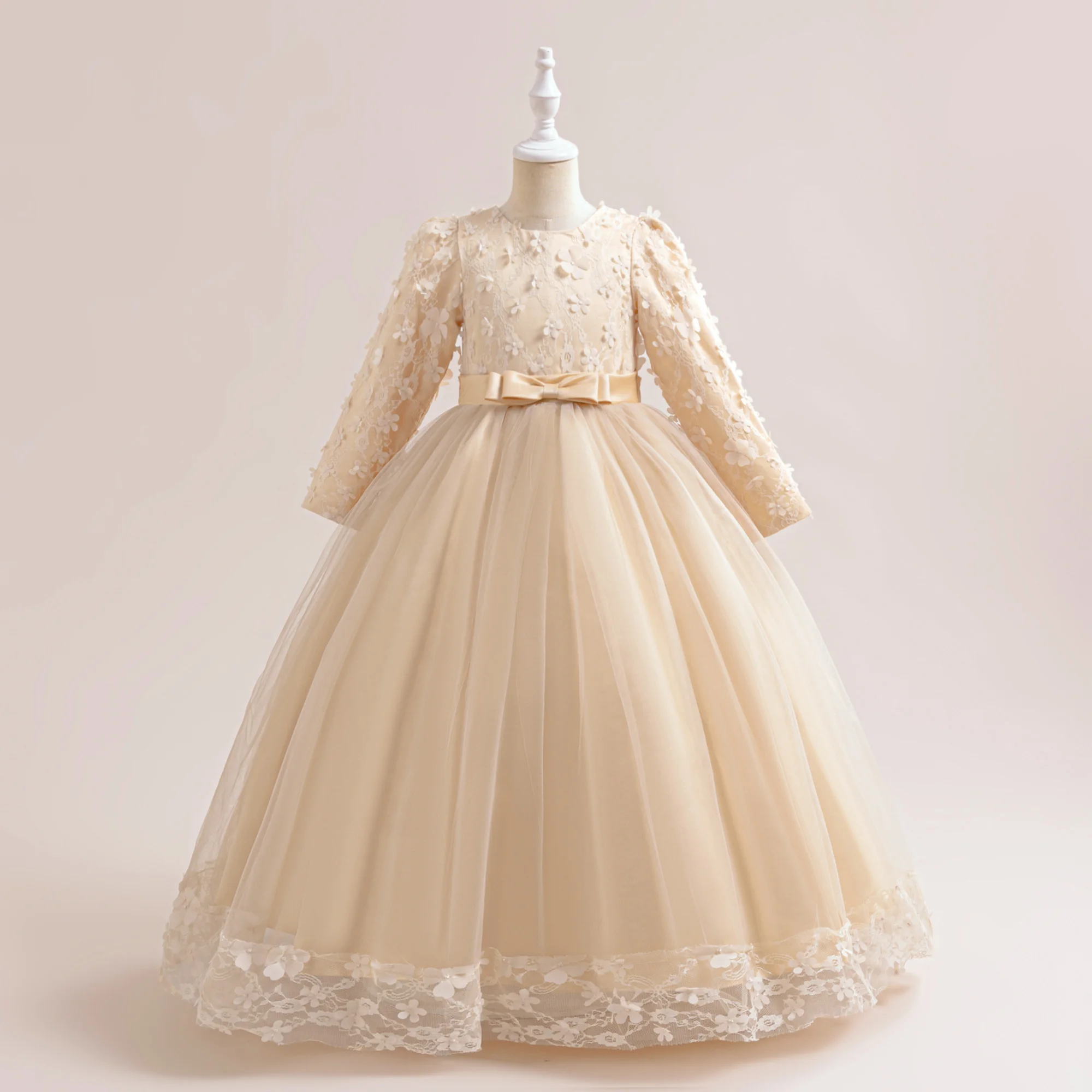 Elegant Flower Bridesmaid Party Girls Dress Long Sleeve Tulle Wedding Princess Kids Dressees For Girl Birthday Christmas Costume