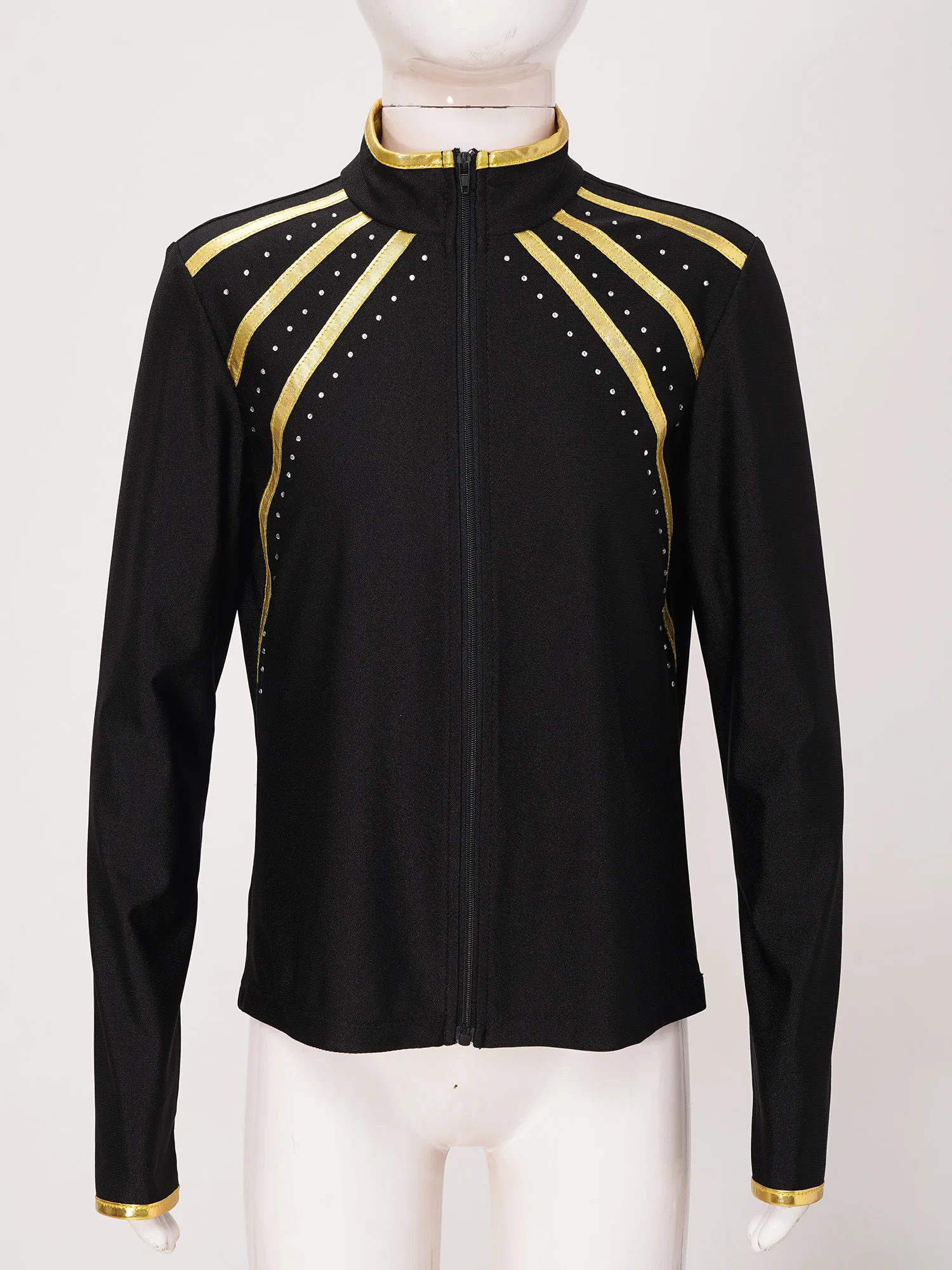 Kids Girls Figure Skating Gymnastics Workout Costume Shiny Metallic Striped Jacket Stand Collar Long Sleeve Zipper Sweatshirt