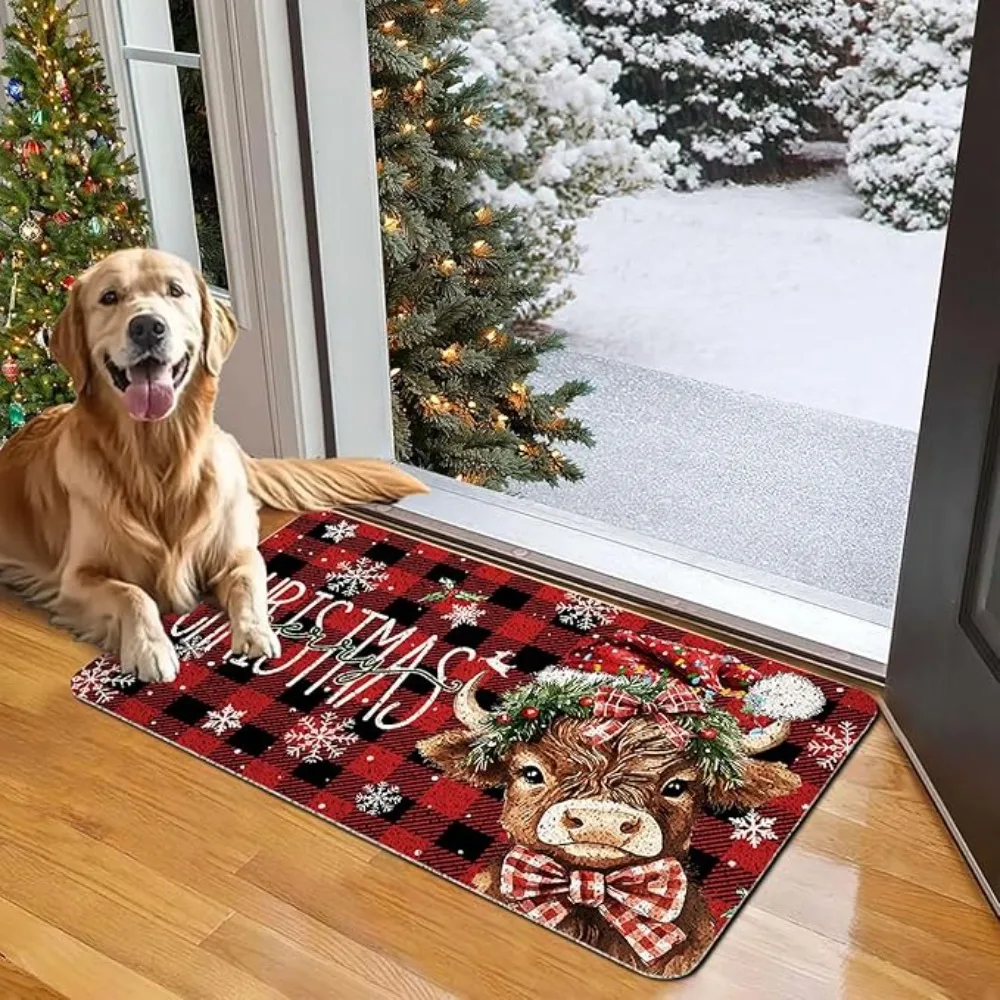 Weihnachts-Hochland-Kuh-Teppich, Matte, Teppich – rot kariert, Schneeflocke und beige Holzmuster, rutschfeste Heimdekoration, Bodenmatte, Willkommensmatte