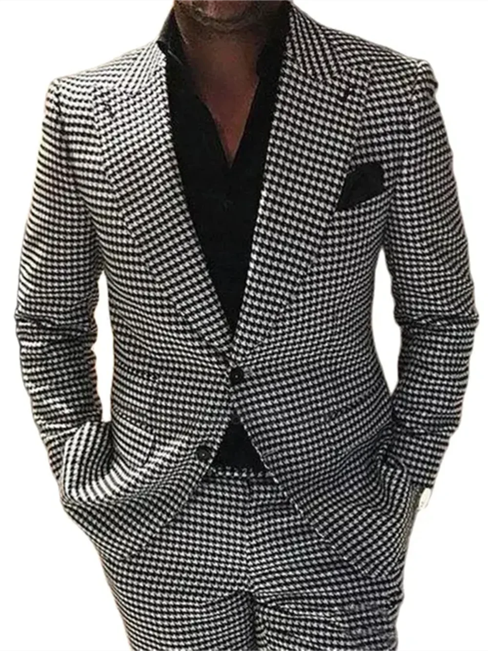 2 Piece Plaid Men Suits for Wedding Houndstooth Checkered Groom Tuxedos Male Fashion Clothes Costumes Set Jacket with Pants