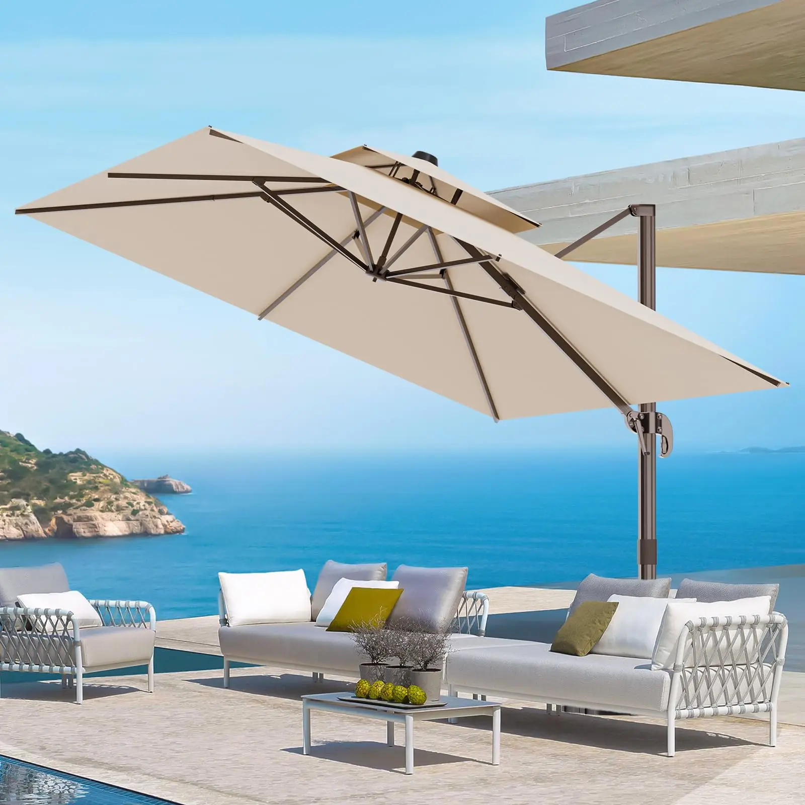 9' X 12' Cantilever Outdoor Patio Umbrellas Double Top Large Rectangle Umbrella Heavy Duty 360°Rotation Offset Umbrella