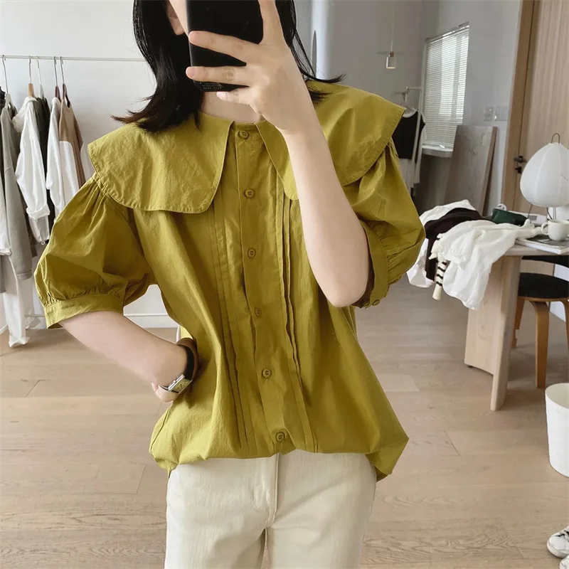 Summer Short-Sleeved Shirt Women Fashion Doll Collar High-Quality Korean Casual Solid Color Shirts Women  Loose Blouse FemaleTop