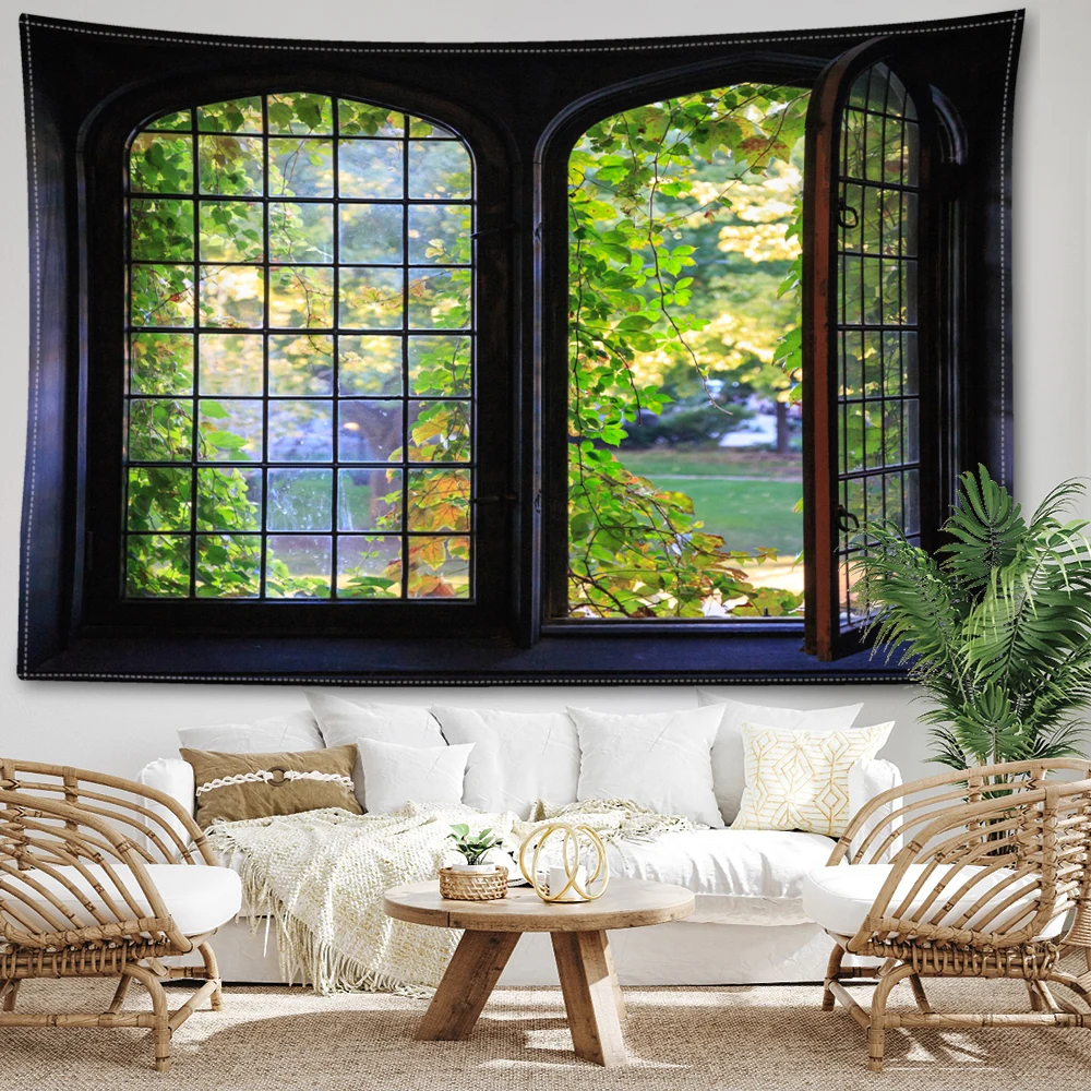Forest scenery printed tapestry outside the window, spring and summer natural scenery room bedroom study living room wall hangin