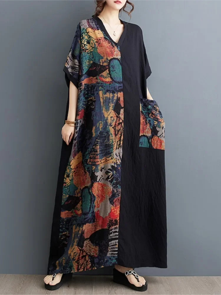 

Oversized V-Neck Long Dress Women Print Patchwork Fashion Ruffle Pleated Loose Ladies Dresses Short Sleeve Woman Dress E7946