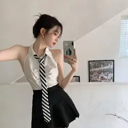 2023 summer japan korea style uniform sexy girls sleeveless fold design short shirt high waist half skirt two-piece jk set g844