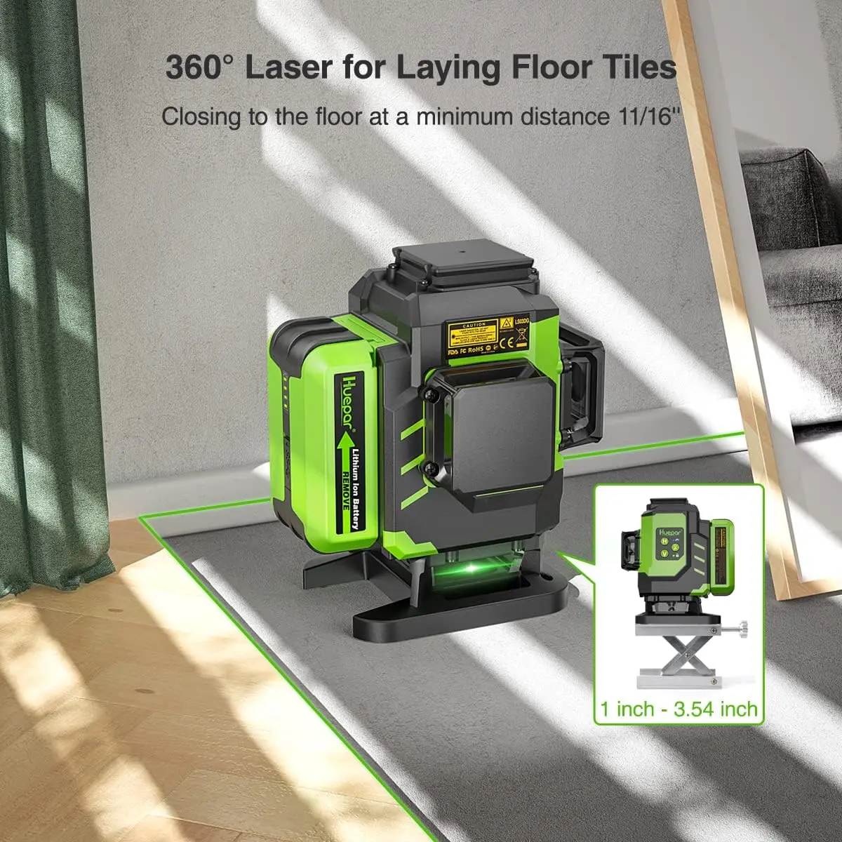 Huepar 3D Laser Level Green Beam Cross Line Tiling Floor Laser Tool with 2 Li-ion Battery 12 Lines Self-leveling Level Hard Case