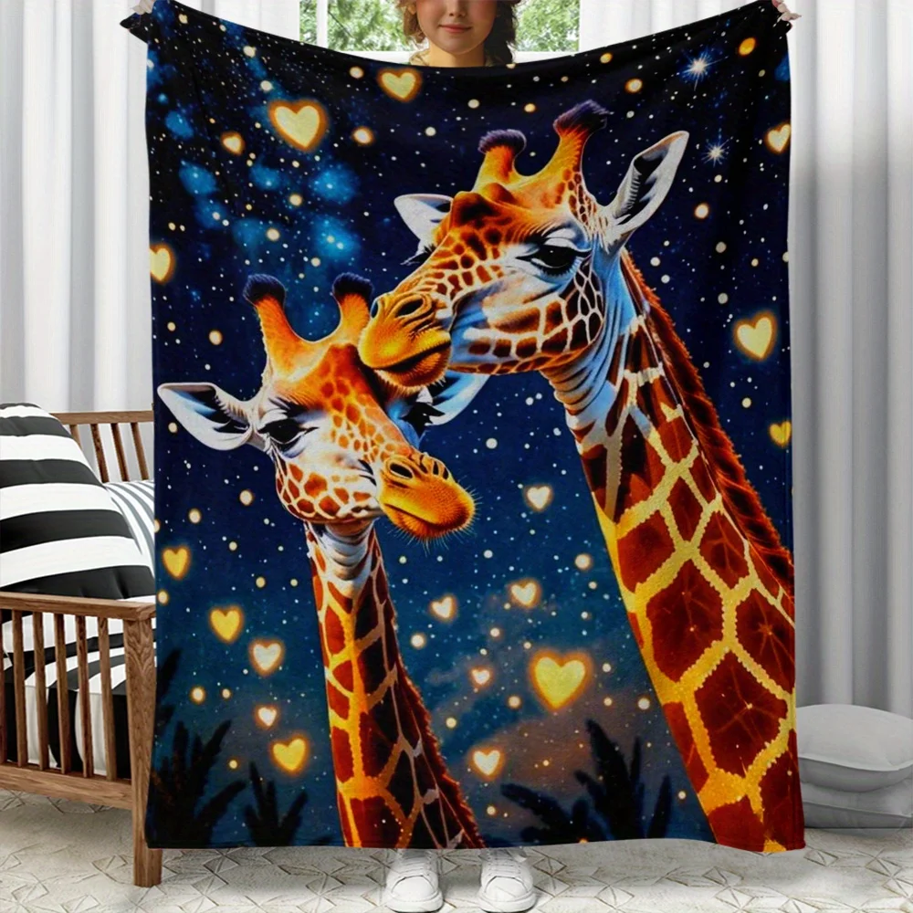 

1 шт., флисовое одеяло с изображением жирафа, пары, сердца, ночного неба, романтического животного, мягкое плюшевое покрывало для спальни