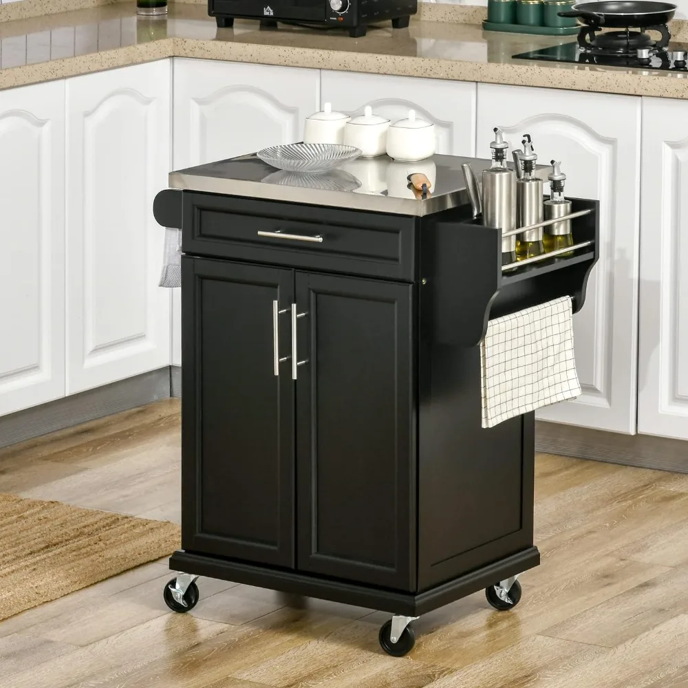 Kitchen Island on Wheels, Rolling Kitchen Cart with Stainless Steel Countertop, Drawer, Towel Rack and Spice Rack,