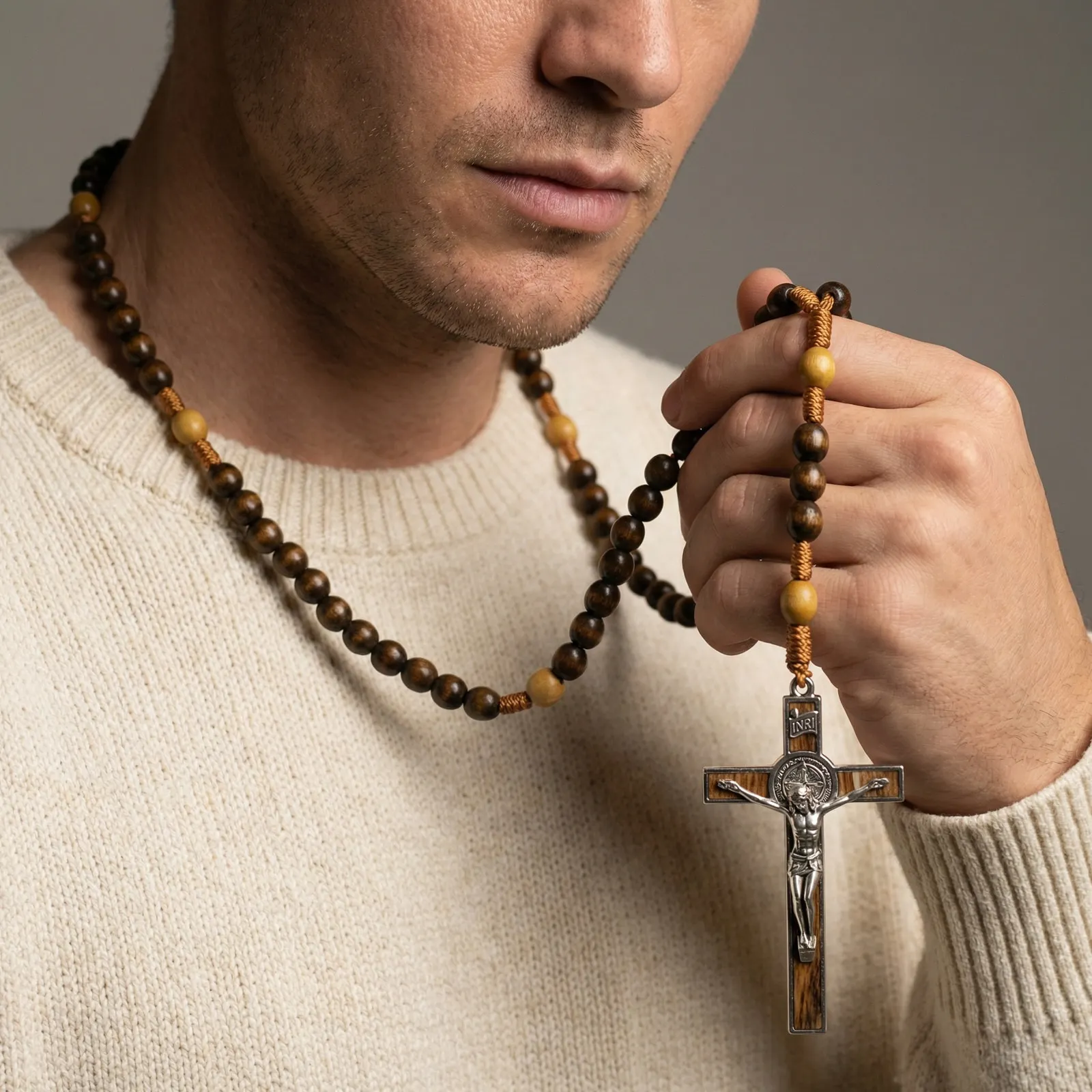 Vnox Crucifix Brown Wooden Bead Y-Shaped Rosary Necklace for Men, Catholic Religious Jewelry Faith Prayer Cord Cross Necklaces
