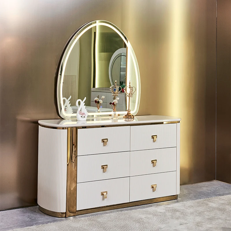 White Modern Luxury Wooden Makeup Dresser Bedroom Dresser Home Furniture Large Storage Light Emitting Diode Mirror
