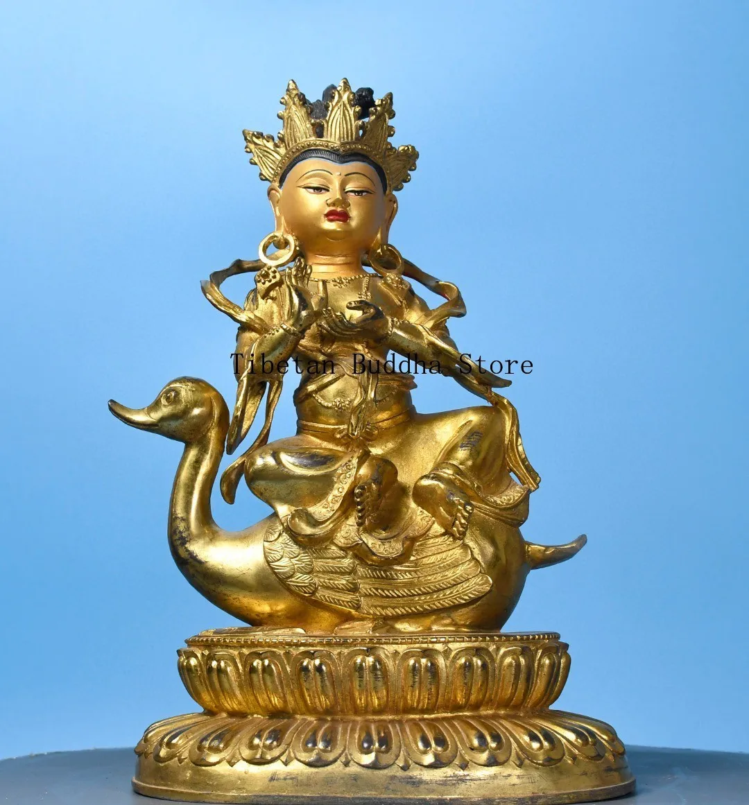 Tibetan Brass Painting Face Riding Goose Brahma Tara Guanyin Statue Home Buddhist Hall Supplies Interior Ornament 29cm