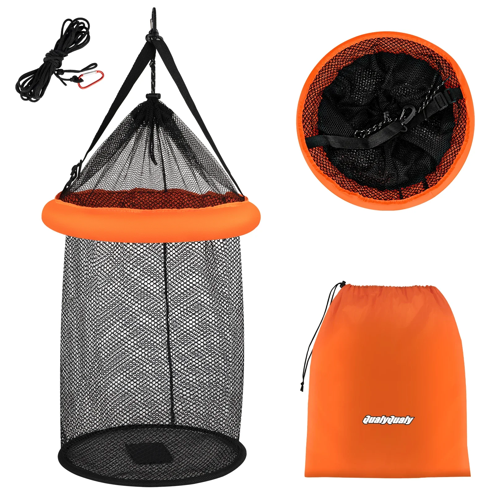 QualyQualy 1pc Fish Shrimp Basket Portable Fishing Bucket Orange Mesh Storage Bag Fishing Net Anti-jump Net Lobster Pocket