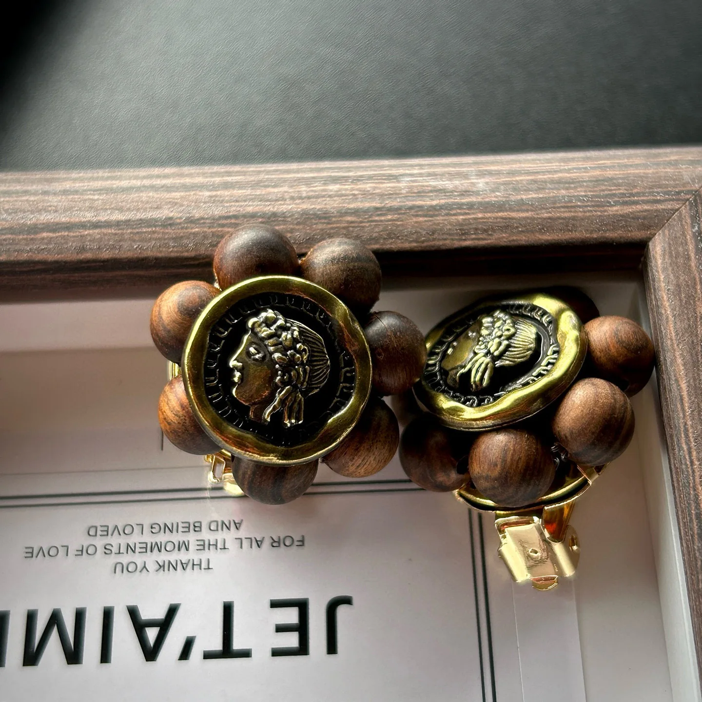 Medieval vintage natural huanghuali wood handwoven ear clips Monies style retro niche stud earrings