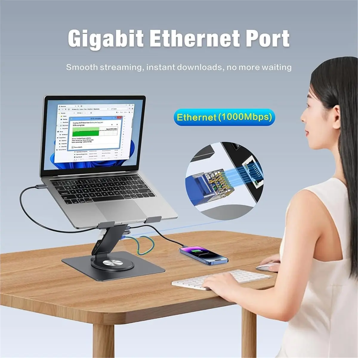 DT81 11-in-1 Adjustable Laptop Stand with Docking Station, Aluminum Laptop Riser with USB Hub for MacBook Pro Air/Dell