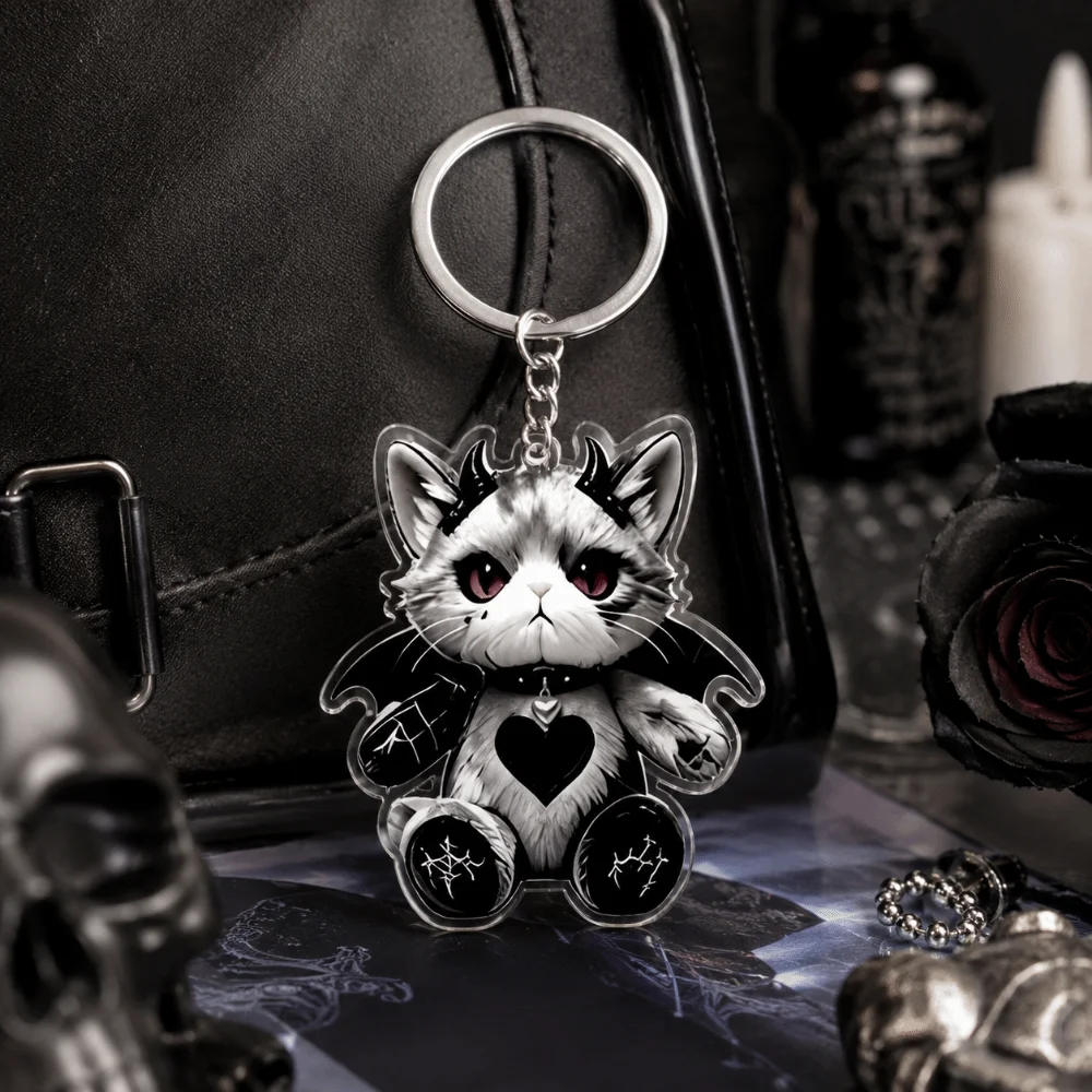 2D Flaches Gruseliges Design Acryl Verletzte Katze Schlüsselanhänger Y2K Kätzchen-Anhänger Ornamente Halloween Taschenanhänger Taschendekoration – Detail 8
