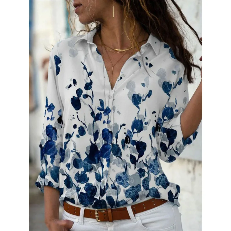 2024 new women\'s fashion lapel long-sleeved shirt 3d printed floral print casual shirt female versatile fashion