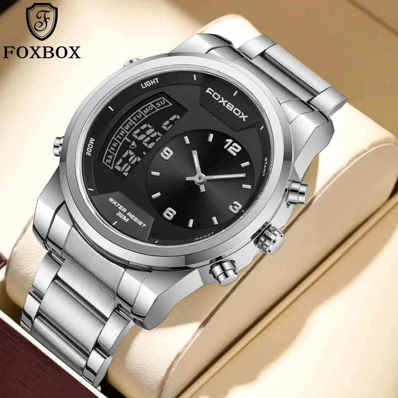 New FOXBOX Electronic Watches fror Men Fashion Luxury Casual Sport Stainless Band Dual Digital Display Waterproof Military Watch