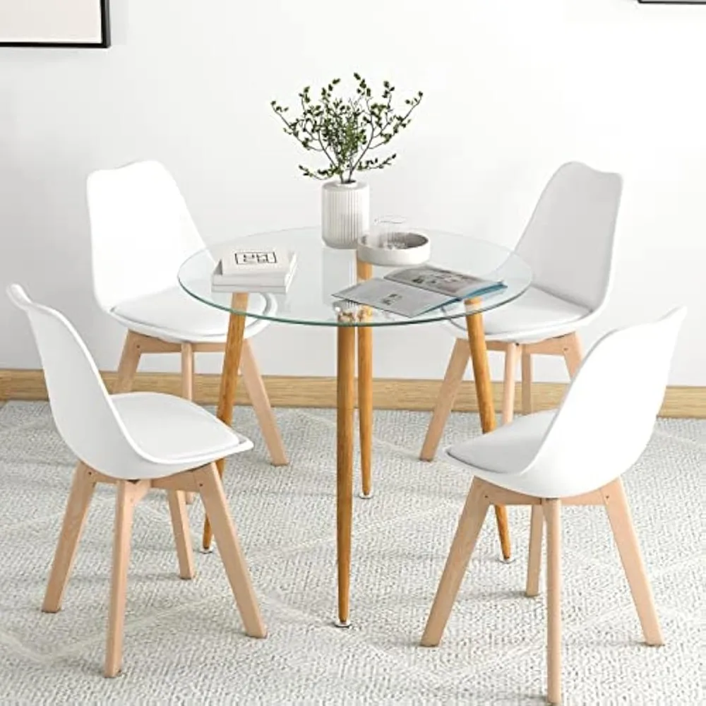 Modern 5-piece dining room set, 1 round tempered glass table and 4 high back chairs, living room, space saving dining room set