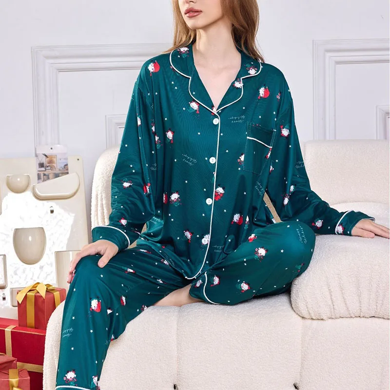 Women\'s Pajamas Christmas New Year Printed Long Sleeve Long Pants Cardigan Lapel Loose Homewear Large Size Sleepwear Green Red