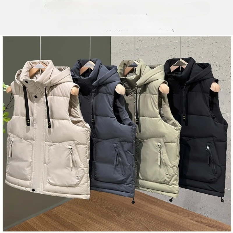 

Winter Casual Vest Men Solid Fashion Sleeveless Parkas Jacket Hooded Thick Warm Hipster Pocket Waistcoat Outwear Male Man 2025