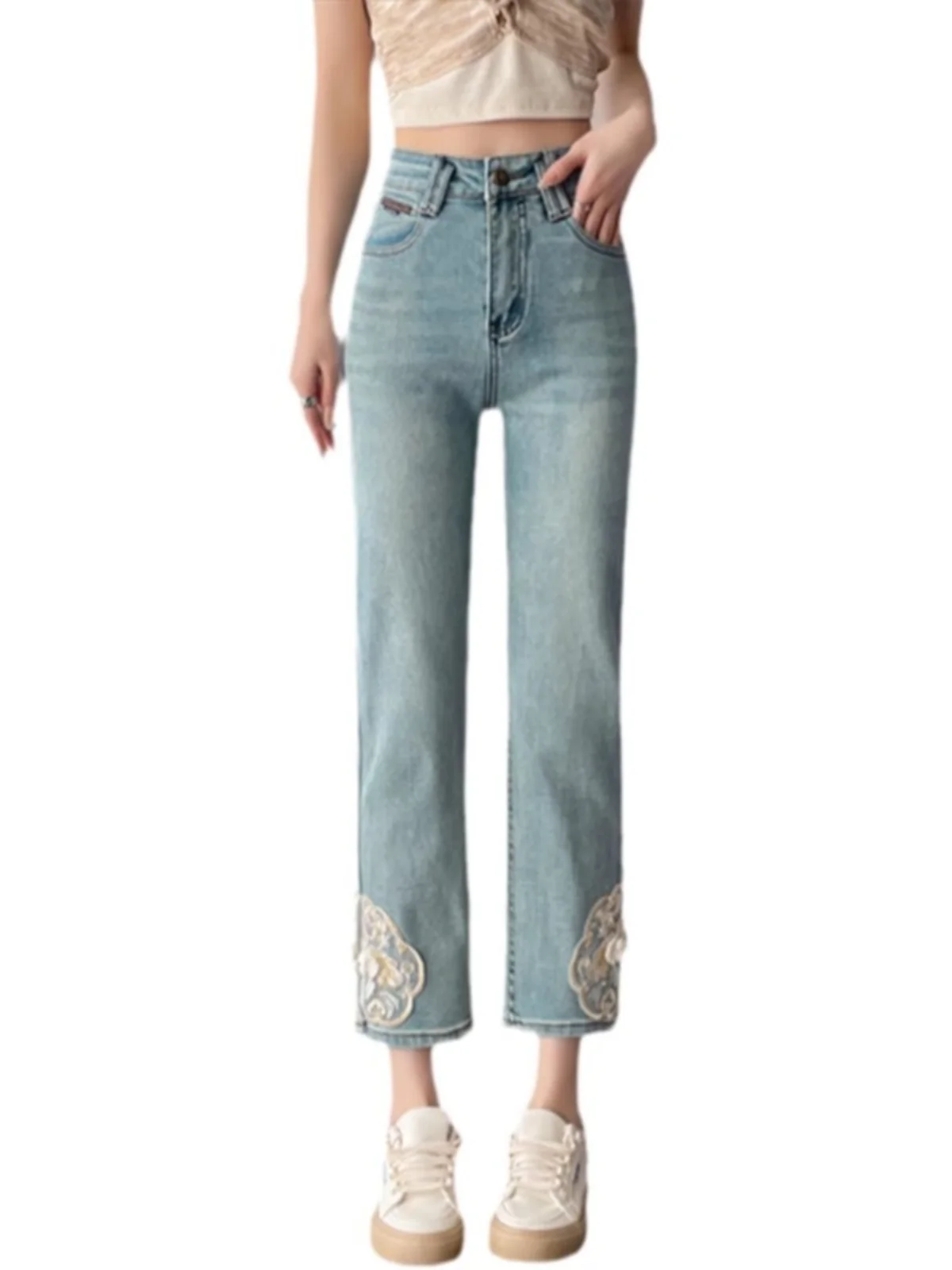 Nieuwe Chinese Sle Geborduurde Denim Jeans Dames Zomer Hoge Taille Slanke Rechte Buis Broek Negen Punt Lange Broek