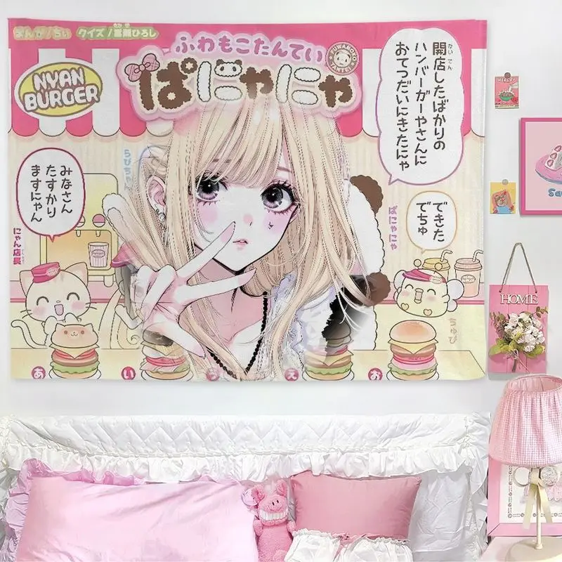 VIKAMA Burger Shop Anime Girl Tapestry, Pop Art Wall Hanging for Bedroom Dorm Living Room Y2K Decor