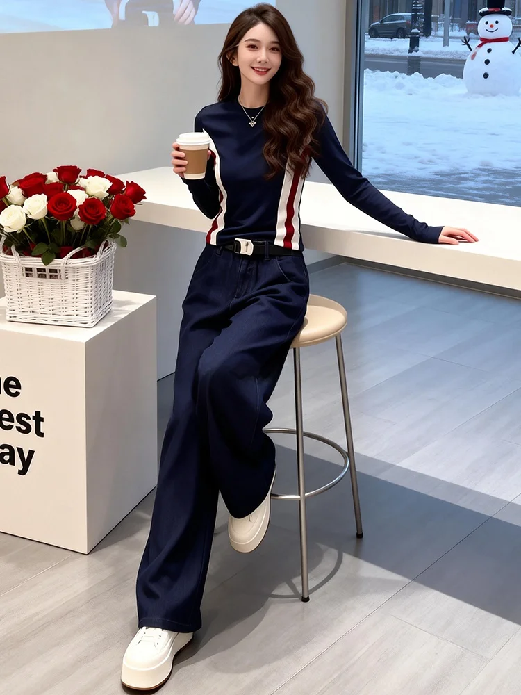 

High-End Casual Women's Set Spring 2026 Long Sleeve round Neck Top High Waist Wide Leg Pants Slimming Two-Piece Suit