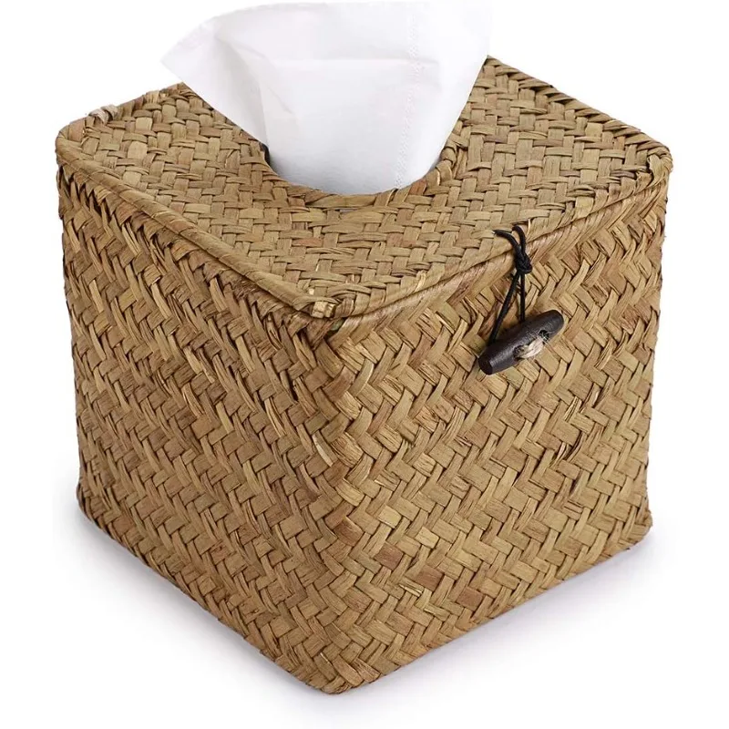 Square Seagrass Car Tissue Box Holder with Lid Woven Rustic Decor - view 2