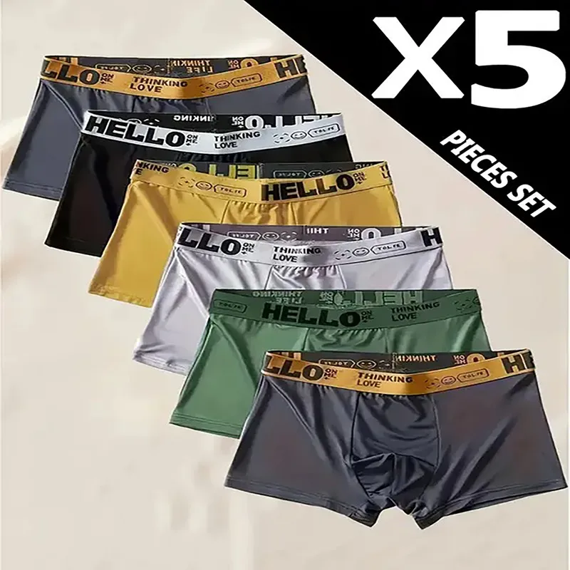 

Men's Comfy Milk-Silk Boxer Briefs 5Pcs Soft Breathable Underwear Stretchy Waistband Daily Wear Hello Print Multicolor Boxers