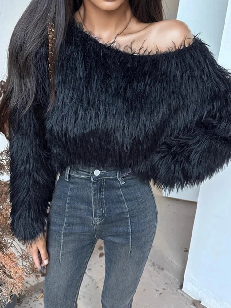 

Осень-зима плюшевый пуловер с открытыми плечами, свитера, новые модные женские вязаные короткие топы, повседневная сексуальная женская одежда с длинными рукавами