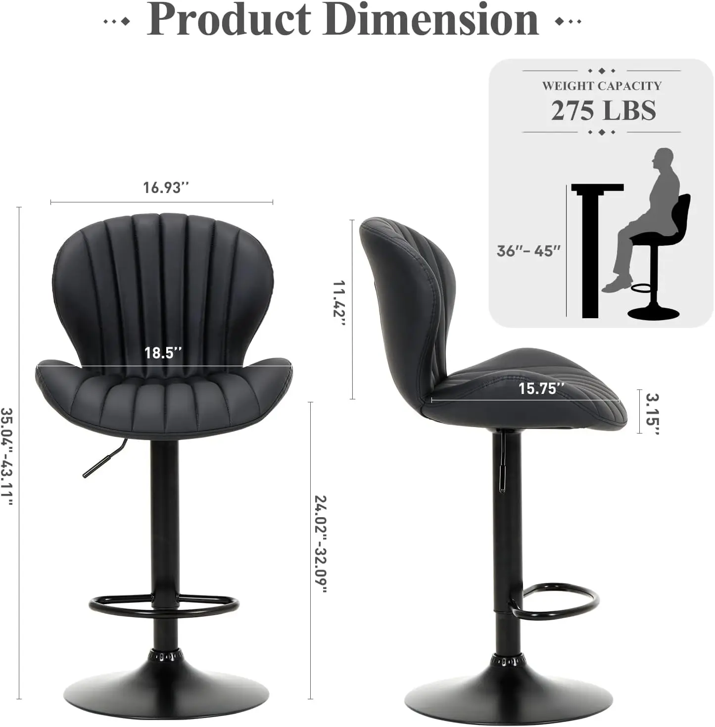 바 스툴 2개 세트, 현대적인 회전 바 의자, 조절 가능한 인조 가죽 덮개를 씌운 바 스툴 카운터 높이(하이 백 포함)