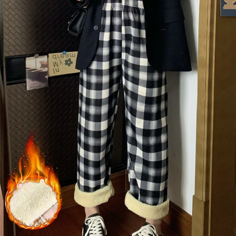 

2025 Fashion Warm Plush Pants Cashmere Thick Plaid Maternity Ladies Winter Casual Loose Wide-legged Pants Korean Streetwear