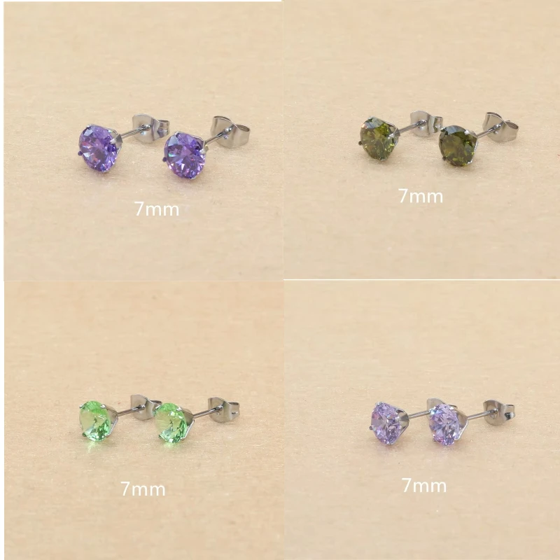 Stainless Steel Stud Earrings 7mm 20 Colors Choose AAA Zircons No Fade Allergy Free