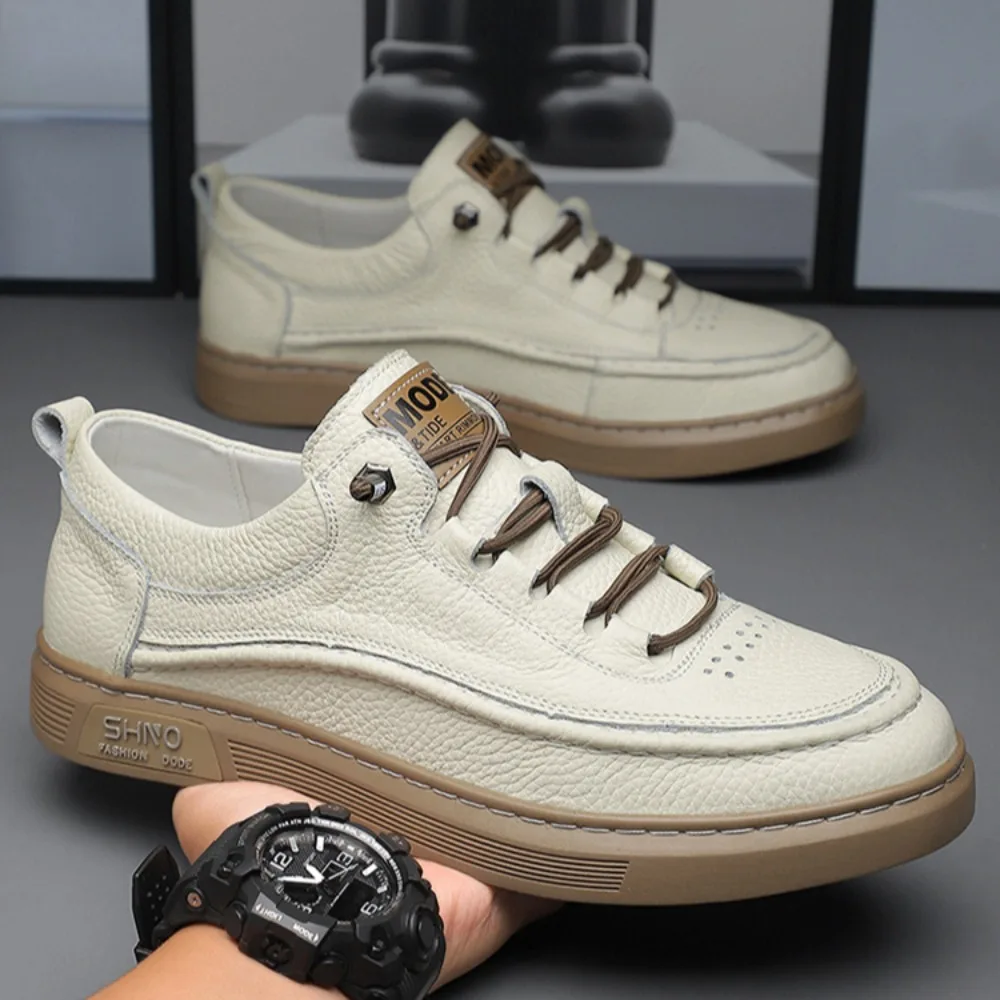 

Cowhide Casual Shoes Men Spring New Lace-up Men's Shoes Thick Sole Simple Leather Shoes Men Zapatos Para Hombre
