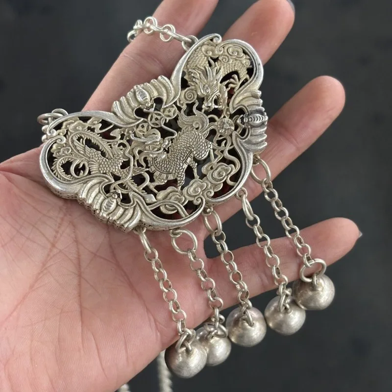 Vintage Carved Silver Plated Kirin Sending Child Hollow Miao Silver Lock, Antique Press Gown Collectible Ethnic Jewelry