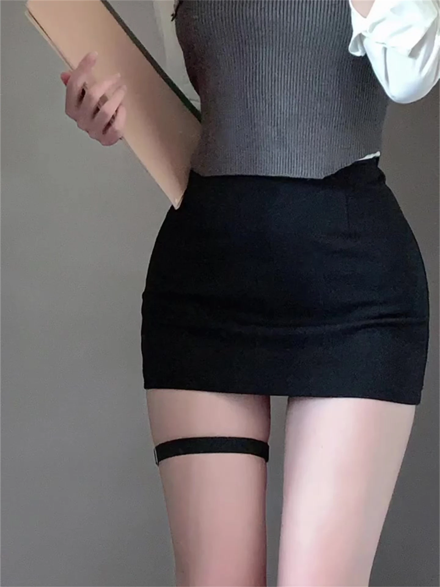 High Waist Grey Woolen  Skirt Women's Spring Autumn Professional Slimming Black Woolen Wrap around Short Skirt