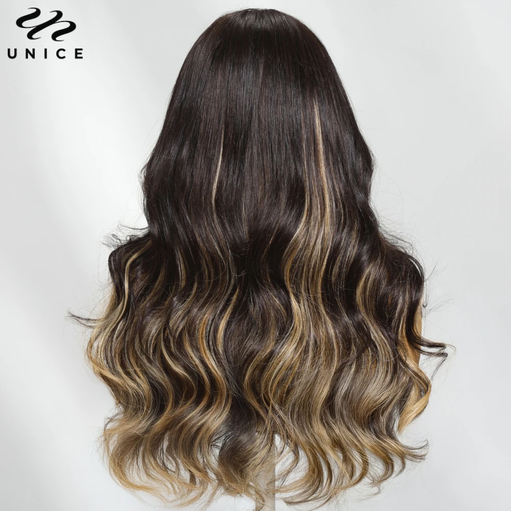 UNICE Блондинка Мелирование Коричневый Свободный Волнистый Парик С Челкой 7x5 Предварительно Срезанный Предварительно Отбеленный Бесклеевой Парик Человеческие Волосы ReadyToGo