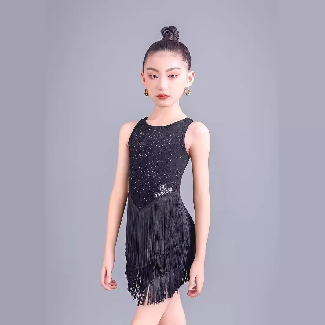 Children's Latin Dance Costume 2024 Summer New Girls' Training Clothes Advanced Black Dance Tassel Performance Clothing