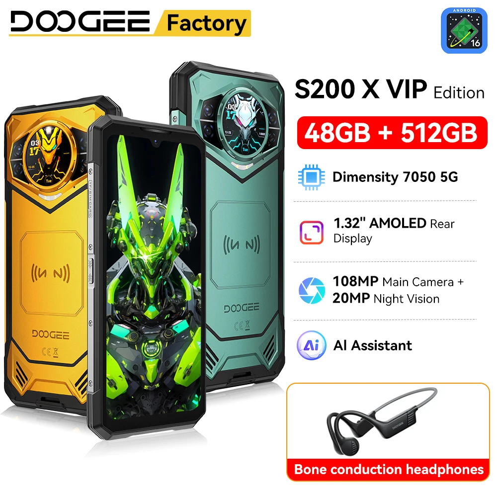DOOGEE S200 X VIP Edition Rugged Smartphon 5G 6.72” FHD+ 120Hz Dimensity 7050 Mobile Phone 48GB+512GB 10100mAh 100MP Android 16