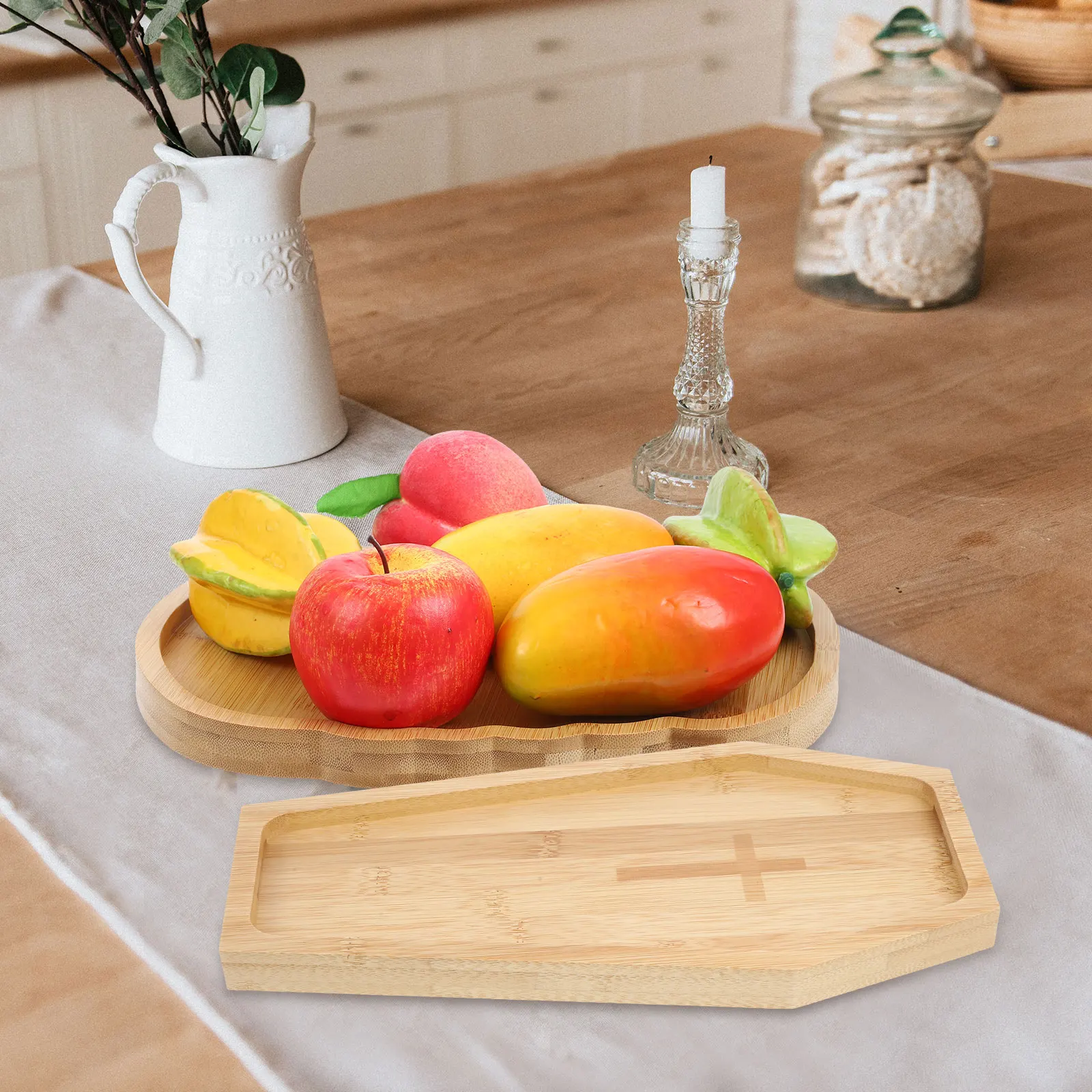 

2 шт., деревянный поднос для еды с тыквой, многоразовая сервировочная тарелка, десертная тарелка для закусок и фруктов, поднос для сервировки еды, кухонные принадлежности