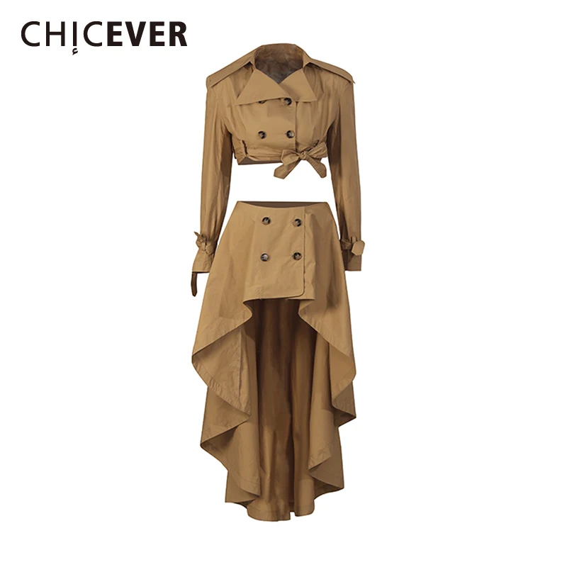 CHICEVER Khaki Spliced Lace Up Two Piece Set Female Lapel Long Sleeve Shirt Vintage Literary Women's Skirt Sets Autumn Fashion