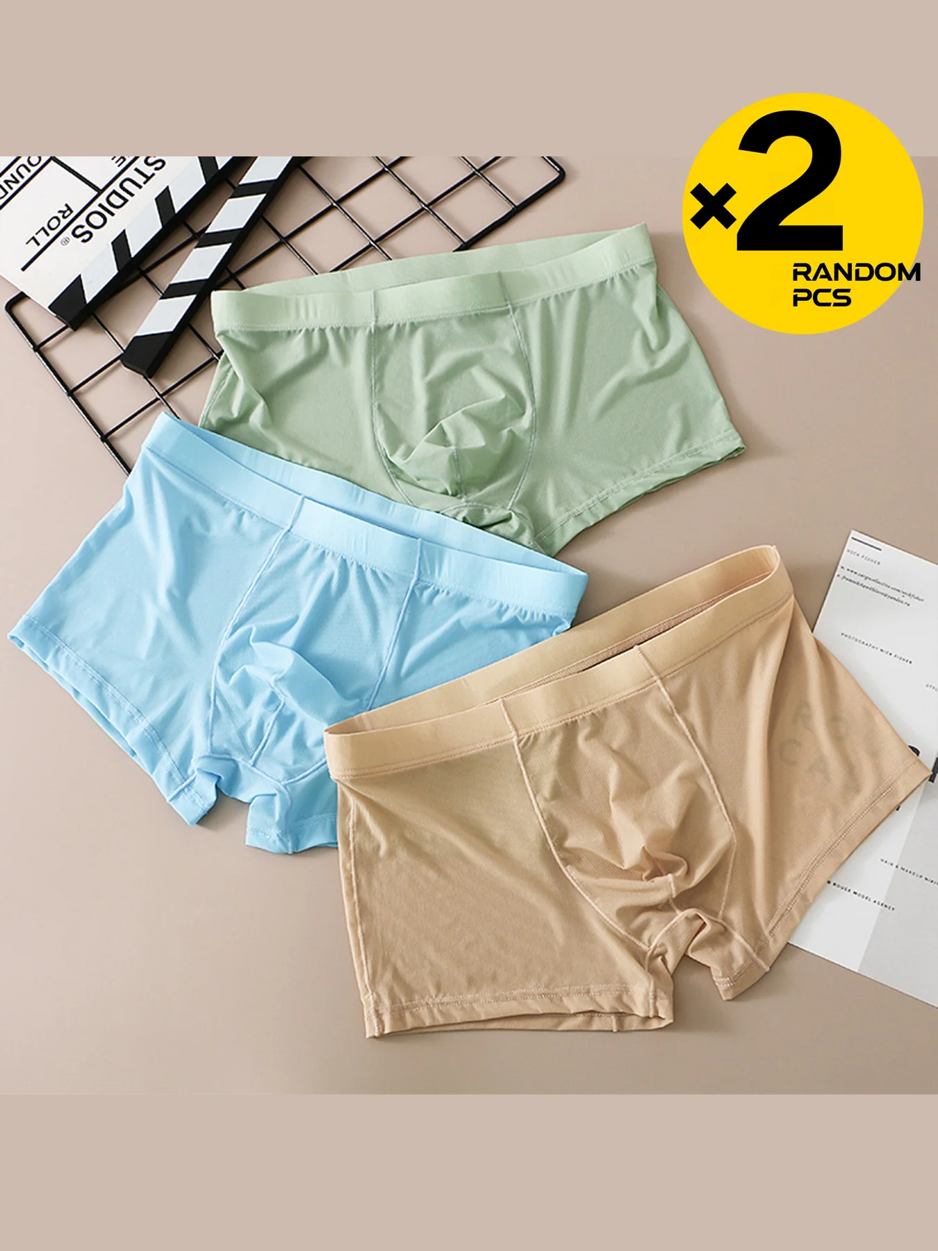 Men Ice Silk Mesh Boxer Briefs With Pouch Breathable Lightweight Summer Male Underwear 2Pcs Random Color Pack