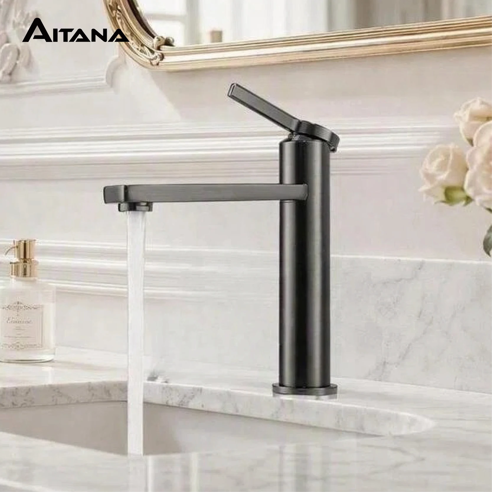 AITANA Modern Brass Black Bathroom Faucet with Simple Design, One Hole Single Handle Hot and Cold Water Basin Mixer