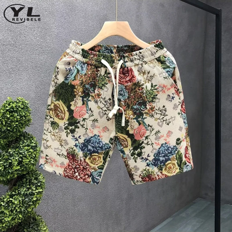 Summer Retro Sports Shorts Mens Street Harajuku Flower Jacquard Elastic Waist Five-point Pants Fashion Casual Beach Short Pants