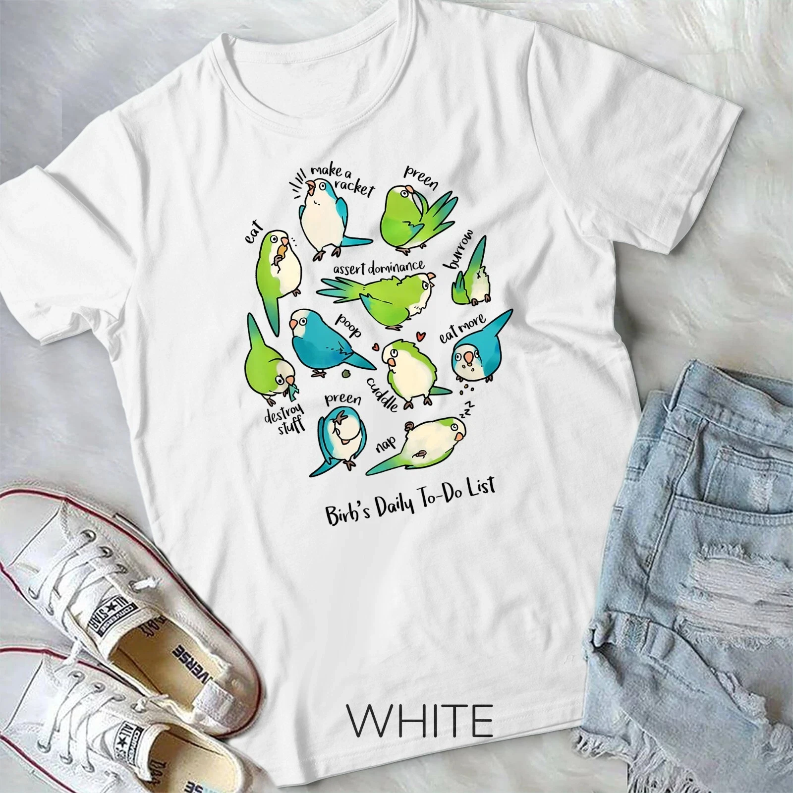 

Quaker Parrot Daily To-Do List Unisex T-Shirt Cotton Short Sleeve Printed T-Shirt Men's and Women's General Casual Top Harajuku