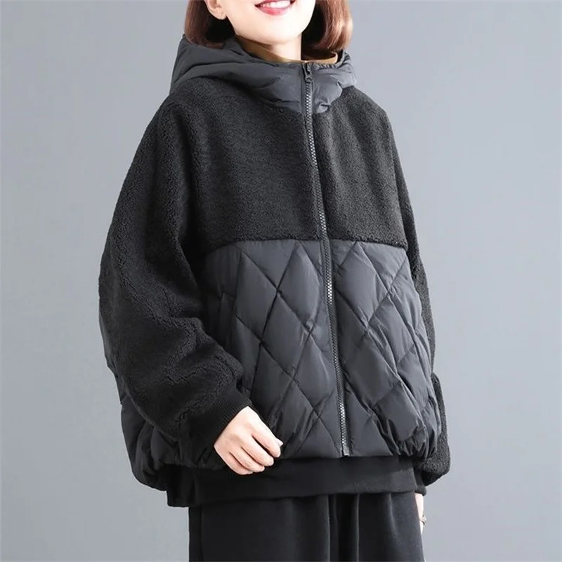 Women\'s Winter Clothing, Loose Fitting And Slimming, Thick Lamb Wool Splicing Jacket Female New Thin Cotton Jacket Warm Cardigan