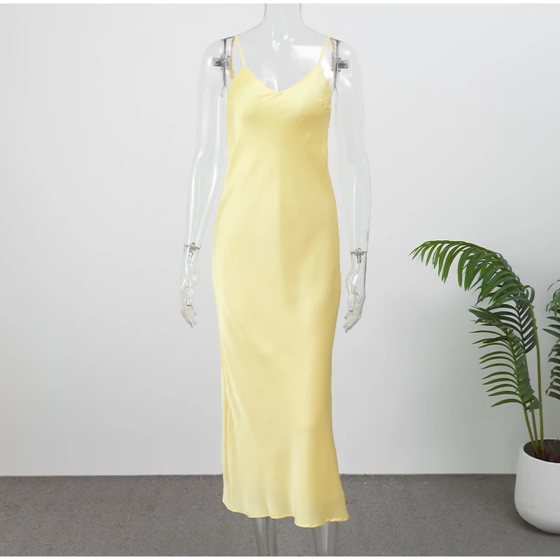 Women Solid Satin Sling Long Dress Casual Backless Sleeveless V-neck Pleated Gowns 2026 Summer Vacation Evening Party Robes