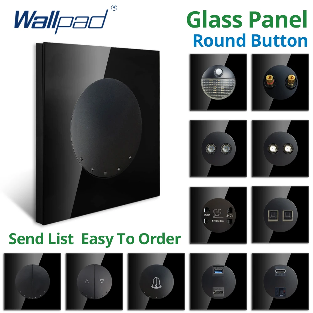 Wallpad Wall Switch and Socket Black Reset 3 Way Glass Panel Round Button USB EU UK Electric Outlet TV TEL RJ45 Sat HDMI USB